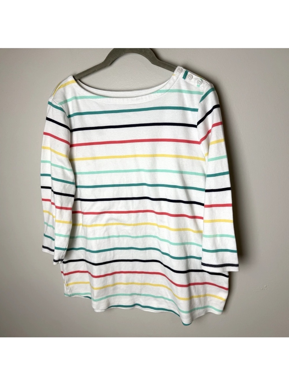 Charter Club Pima Cotton Top Size Large Striped 3/4 Sleeves Button Shoulder